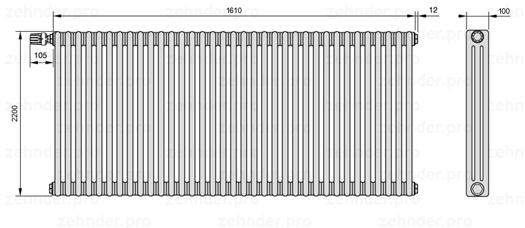 Схема (чертеж) Радиатор Zehnder Charleston 3220/35 №V012 Белый глянцевый RAL 9016